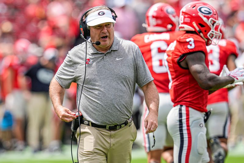 Apr 18, 2026; Athens, GA, USA; Georgia Bulldogs head coach Kirby Smart shown on the field during the Georgia Spring football game at Sanford Stadium. Mandatory Credit: Dale Zanine-Imagn Images