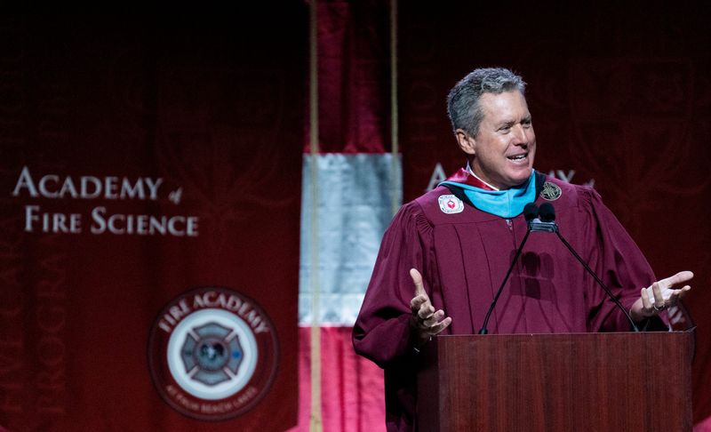 Superintendent Mike Burke speaks at the Palm Beach Lakes High School graduation ceremony at the South Florida Fairgrounds on May 12, 2026, in suburban West Palm Beach, Florida.