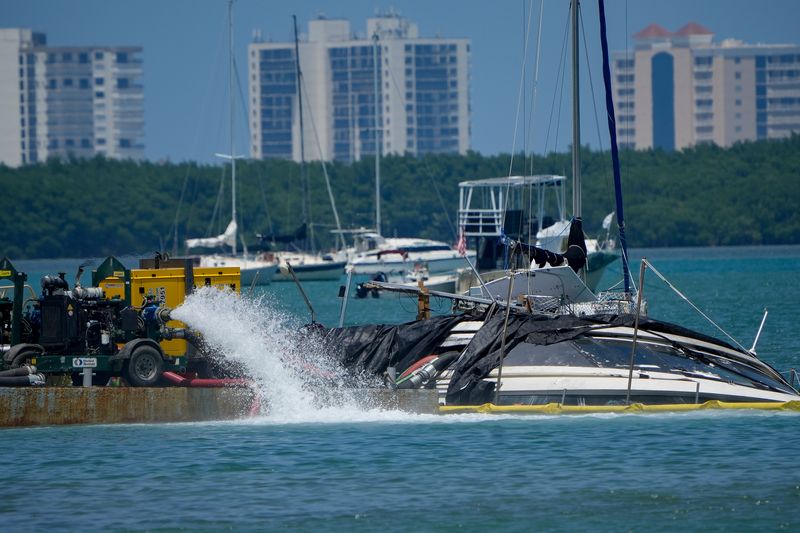 The $30 million mega-yacht that is an Italian custom-made named Legacy was once one of the most opulent and sleek sailing yachts and was crippled by a hurricane off Key West and eventually sinking in Fort Pierce Jetty Inlet, seen on May 8, 2026.