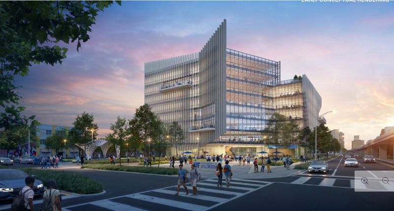 A rendering released May 12, 2026 by the University of Florida shows the design of the first new building that would be constructed at a graduate campus in downtown Jacksonville. The design is a "starting point" for what the building will look like, according to UF. The view shows the building looking down Bay Street toward the center of downtown.