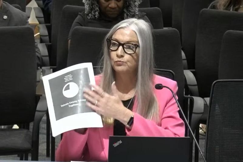 Elizabeth Albert, president of the Volusia United Educators, addresses the Volusia County School Board at an April 17, 2026, special meeting in DeLand, about the need for a referendum asking voters to approve a property-tax increase as a means to raise teacher salaries.