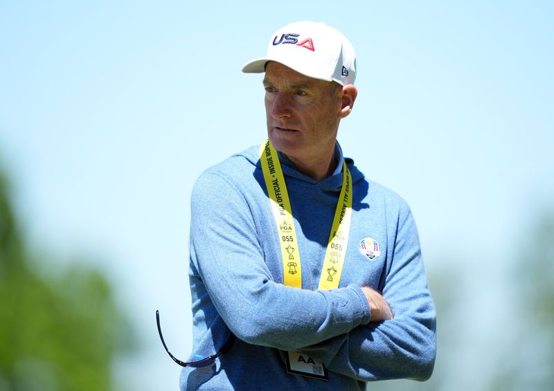 Jim Furyk looks on during a practice round at the 2026 PGA Championship at Aronimink Golf Club.
