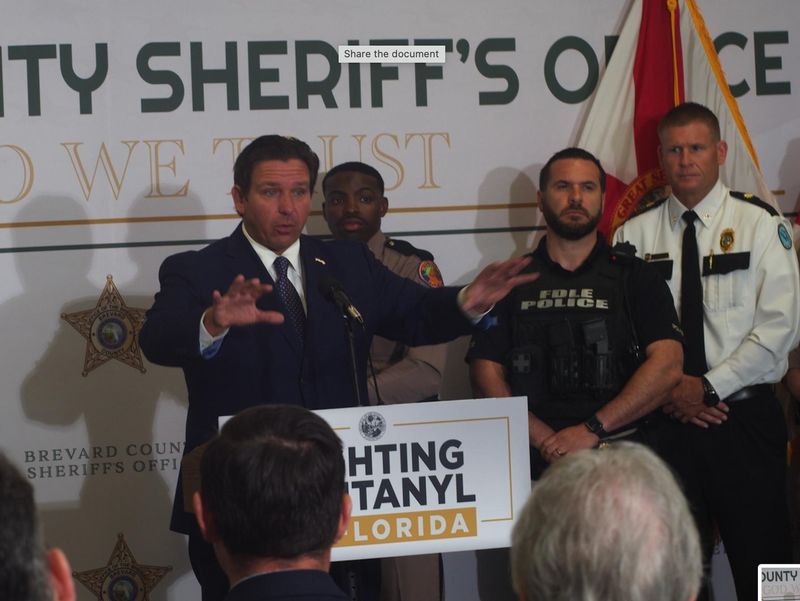 Gov. Ron DeSantis speaks on reduction in fentanyl overdoses according to new Florida statewide report at press conference in Titusville on Wednesday, May 13, 2026.