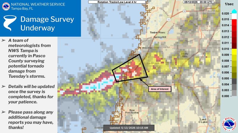 Storms moving ashore in Pasco County May 12, 2026, generated two EF-0 tornadoes.