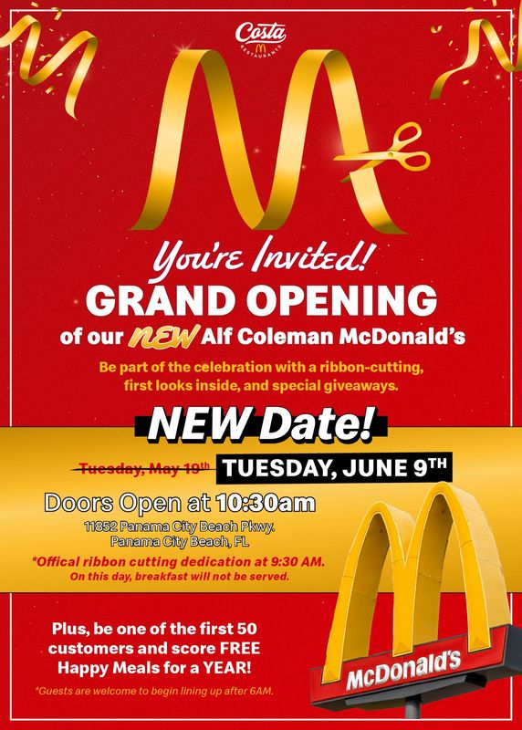 Costa Family McDonald’s Reschedules Opening of Alf Coleman Location for June 9, 2026.