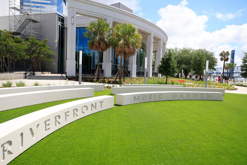 The Riverfront Music Garden is shown located behind the Jacksonville Center for the Performing Arts, Wednesday, May 13, 2026, in Jacksonville, Fla. Leaders and patrons met for a ribbon-cutting ceremony to officially open the new outdoor park. The park honors musical talent from the city and is part of the revitalized Riverwalk that spans from the Riverside Arts Market to the Hyatt.