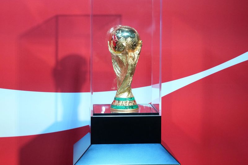 The FIFA World Cup trophy at the FIFA World Cup 26 Trophy Tour by Coca-Cola at The Coke Studio at LA Live.
