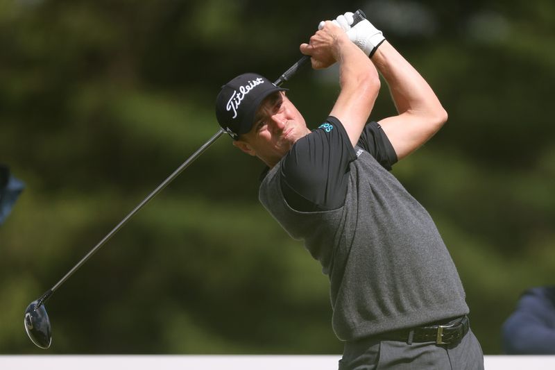 May 14, 2026; Newtown Square, Pennsylvania, USA; Justin Thomas plays his shot from the seventh tee during the first round of the PGA Championship golf tournament at Aronimink Golf Club. Mandatory Credit: Bill Streicher-Imagn Images