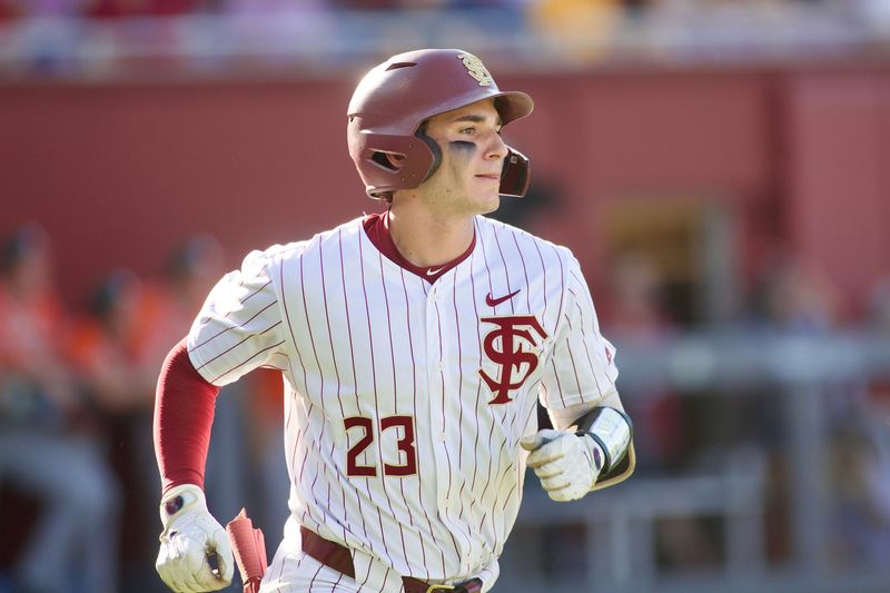 Brody DeLamielleure runs to first base as Florida State baseball hosted Miami at Dick Howser Stadium on Thursday, May 14, 2026 in the first of three games.