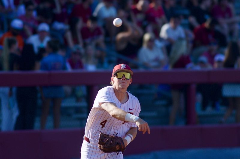 Cal Fisher throws to first base as Florida State baseball hosted Miami at Dick Howser Stadium on Thursday, May 14, 2026 in the first of three games.