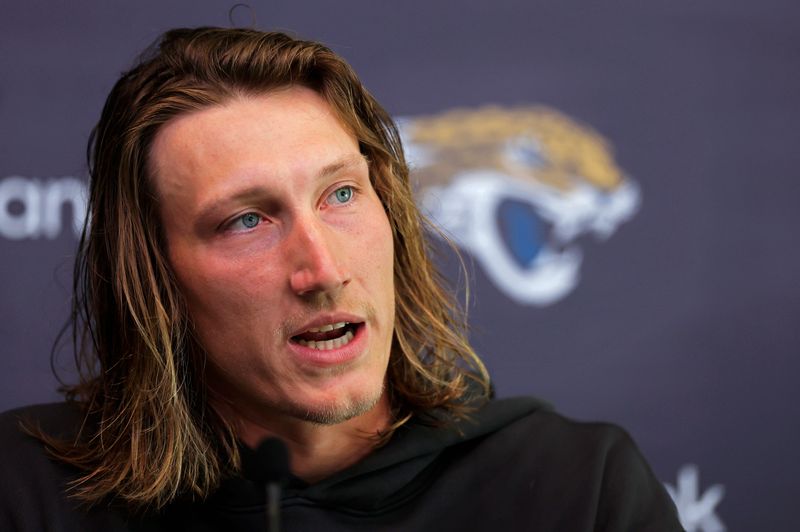 Jacksonville Jaguars quarterback Trevor Lawrence speaks during a press conference at the Miller Electric Center, Monday, April 20, 2026 in Jacksonville, Fla.