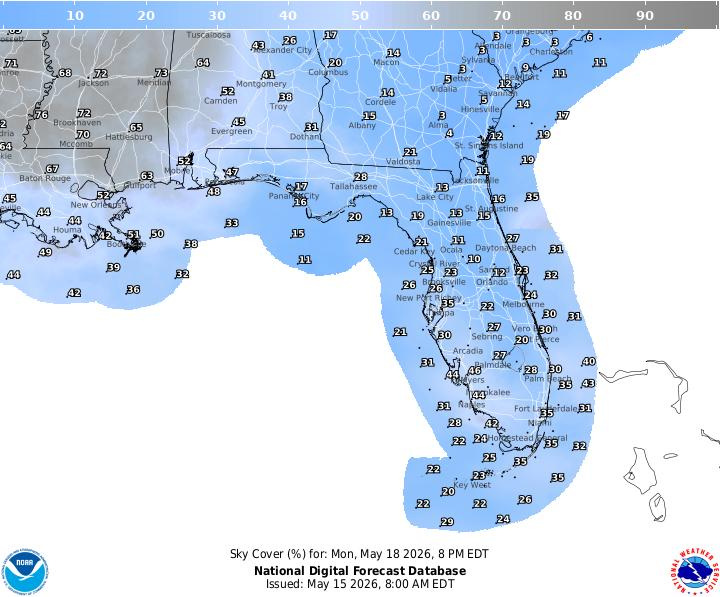 This graphic from the National Weather Service shows the cloud forecast for the night of Monday, May 18 in Florida when the moon and Venus conjunction should be visible.