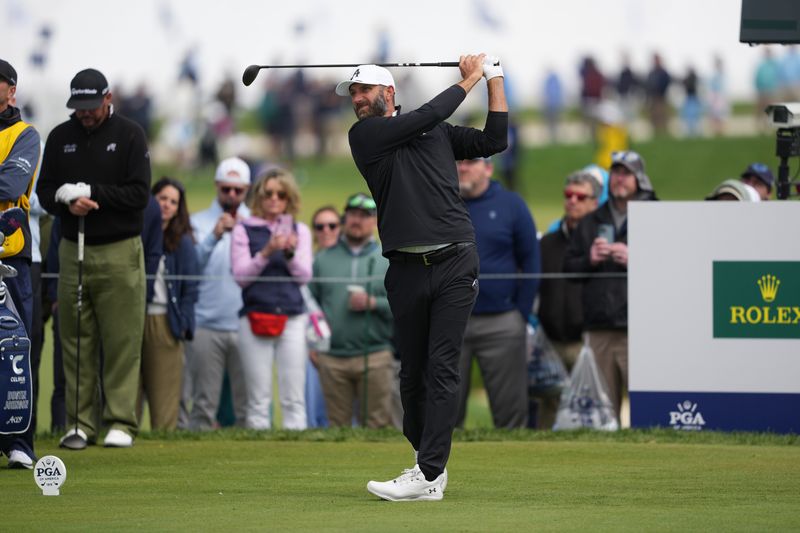 May 15, 2026; Newtown Square, Pennsylvania, USA; Dustin Johnson tees off on the 12th hole during the second round of the PGA Championship golf tournament. Mandatory Credit: James Lang-Imagn Images