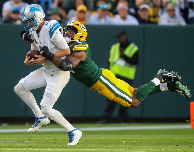 Green Bay Packers defensive end Micah Parsons (1) sacks Detroit Lions quarterback Jared Goff (16) on Sunday, September 7, 2025, at Lambeau Field in Green Bay, Wis. The Packers won the game, 27-13.
Tork Mason/USA TODAY NETWORK-Wisconsin