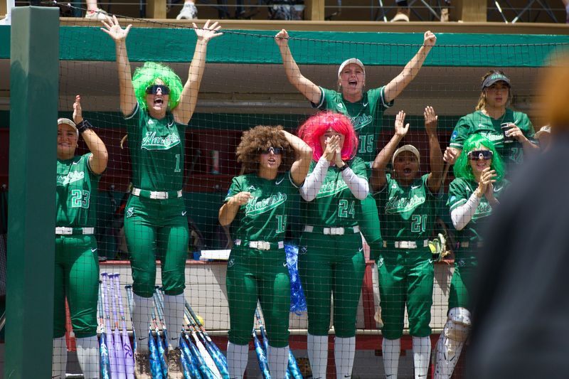 Stetson softball players celebrate a run in an 8-3 win over Florida State in the NCAA Tallahassee regional at JoAnne Graf Field on Friday, May 15, 2026.