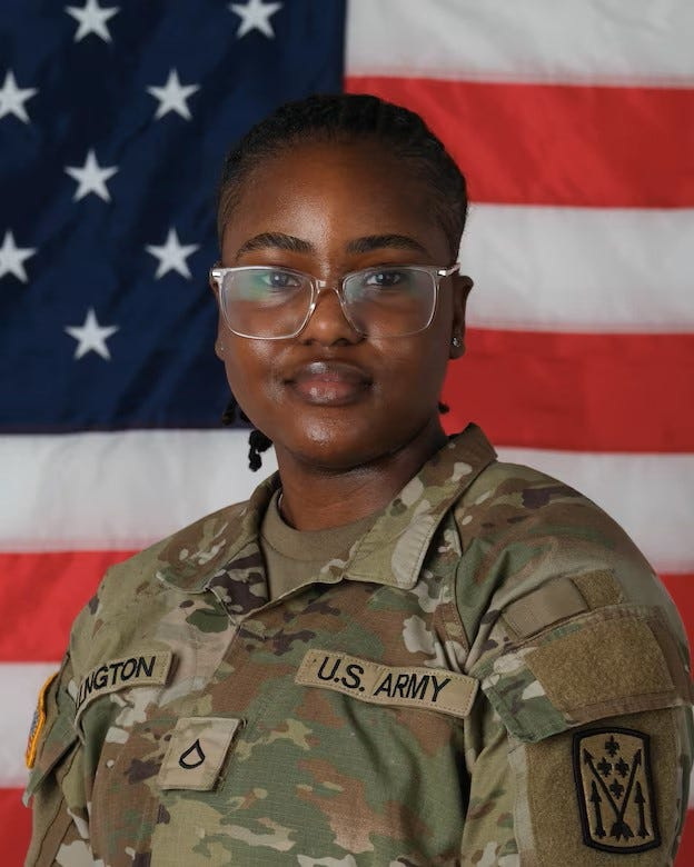 Army Spc. Mariyah Collington before her promotion to specialist on May 1, 2026. She was among the soldiers who went missing in Africa, where she died and was recovered on May 12.