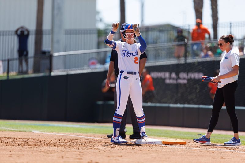 May 15, 2026; Gainesville, FL, USA; Florida Gators outfielder Taylor Shumaker (21) reacts after a single and RBI hit against the Florida A&M Rattlers during the second inning at Katie Seashole Pressly Stadium. Mandatory Credit: Matt Pendleton-Imagn Images