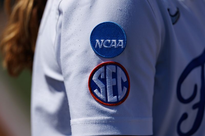 May 15, 2026; Gainesville, FL, USA; A general view of the NCAA and SEC logos on a Florida Gators jersey before the game against the Florida A&M Rattlers at Katie Seashole Pressly Stadium. Mandatory Credit: Matt Pendleton-Imagn Images
