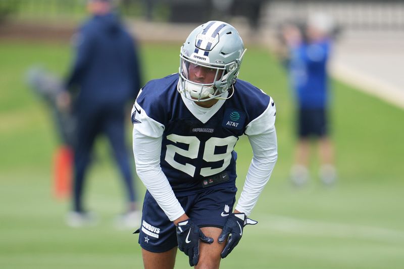 May 1, 2026; Frisco, TX, USA; DDallas Cowboys cornerback Devin Moore (29) goes through a drill during practice at the Ford Center at the Star Training Facility in Frisco, Texas. Mandatory Credit: Chris Jones-Imagn Images