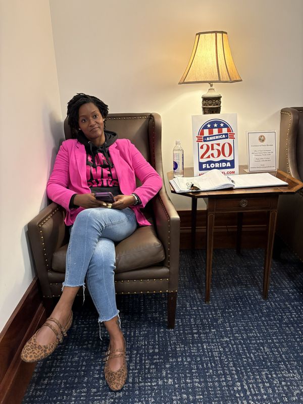 Rep Angie Nixon, D-Jacksonville, stage a one-person sit in at Gov. Ron DeSantis office May 15 to protest a new congressional map and a lack of attention to an affordability crisis
