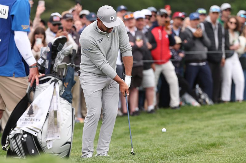 May 15, 2026; Newtown Square, Pennsylvania, USA; Bryson DeChambeau chips on to the sixth hole during the second round of the PGA Championship golf tournament. Mandatory Credit: Bill Streicher-Imagn Images