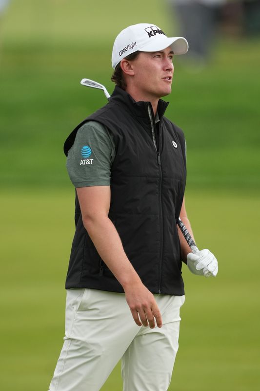 May 15, 2026; Newtown Square, Pennsylvania, USA; Maverick McNealy on the 16th hole during the second round of the PGA Championship golf tournament. Mandatory Credit: James Lang-Imagn Images