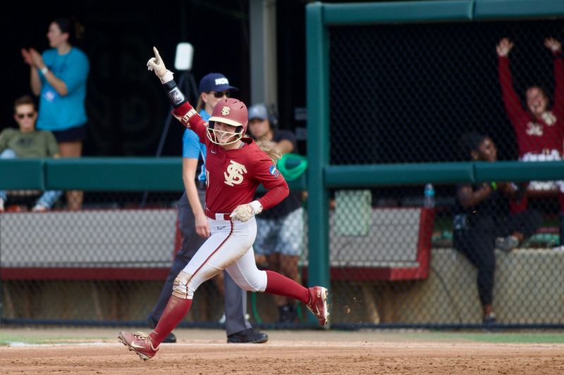 Florida State's Ashtyn Danley celebrates a home run against Stetson in the NCAA softball tournament on Saturday, May 16, 2026.