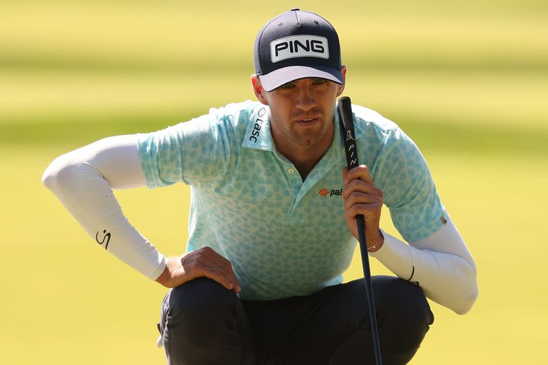 May 16, 2026; Newtown Square, Pennsylvania, USA; Alex Smalley prepares to putt on the third green during the third round of the PGA Championship golf tournament. Mandatory Credit: Bill Streicher-Imagn Images