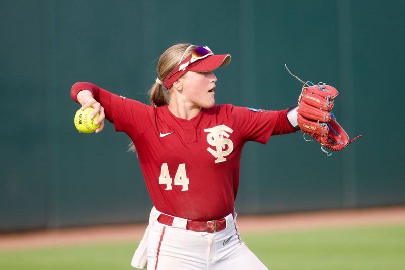 Florida State softball’s Bella Ruggiero throws a ball back to the infield against Stetson in the NCAA Tallahassee regional on Saturday, May 16, 2026.