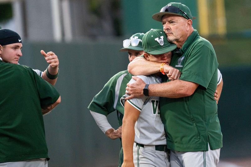 Members of the Venice High School baseball team react after a 2-1 loss to Stoneman Douglas during the state championship game at Hammond Stadium in Fort Myers on Saturday, May 16, 2026.