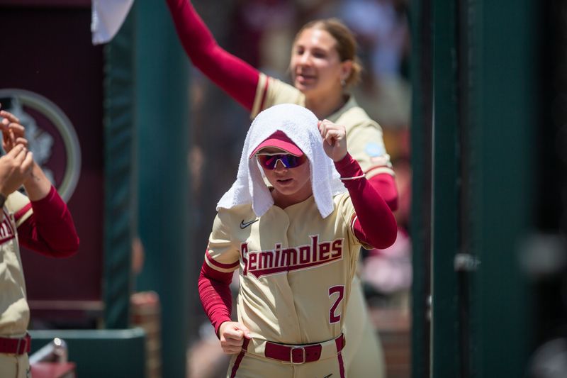 Florida State Seminoles outfielder Addie DeLong celebrates her teammate’s home run. The Florida State Seminoles defeated the UCF Knights 2-1 on Sunday, May 17, 2026. The teams must play one more game to determine the NCAA Tallahassee regional winner.
