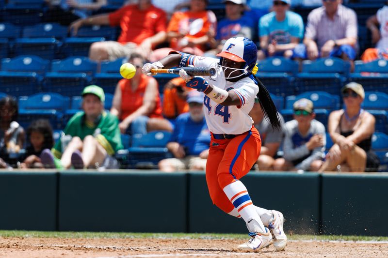 May 17, 2026; Gainesville, FL, USA; Florida Gators outfielder Townsen Thomas (44) attempts to bunt the ball against the Georgia Tech Yellow Jackets during the sixth inning at Katie Seashole Pressly Stadium. Mandatory Credit: Matt Pendleton-Imagn Images