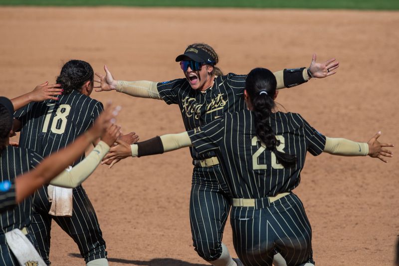 UCF Knights celebrate their victory after they defeated the Florida State Seminoles 4-2 in the final game of the NCAA Tallahassee regional finals Sunday, May 17, 2026.
