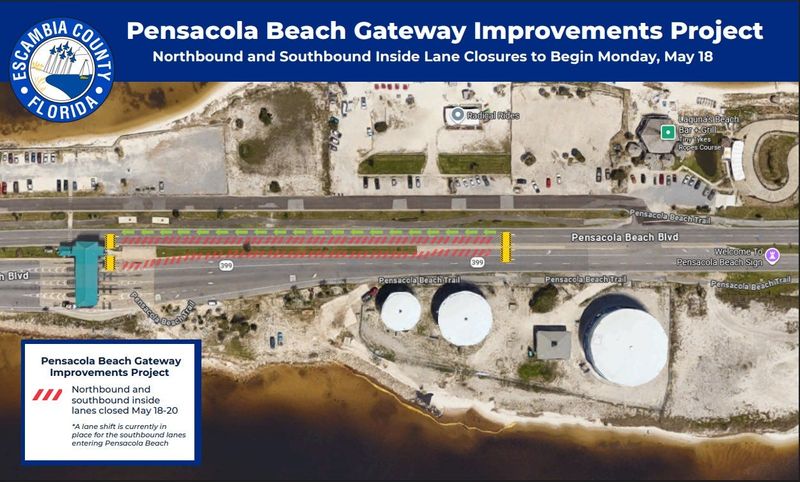Temporary lane closures will be in effect beginning Monday, May 18, 2026, for the northbound and southbound inside lanes of Pensacola Beach Boulevard.