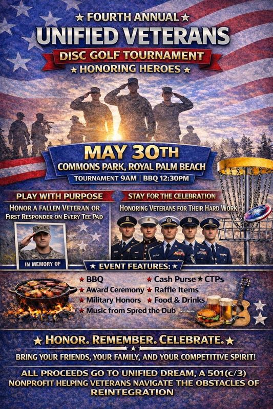Fourth Annual Unified Veterans Disc Golf Tournament will be held Saturday, May 30 at Commons Park in Royal Palm Beach.