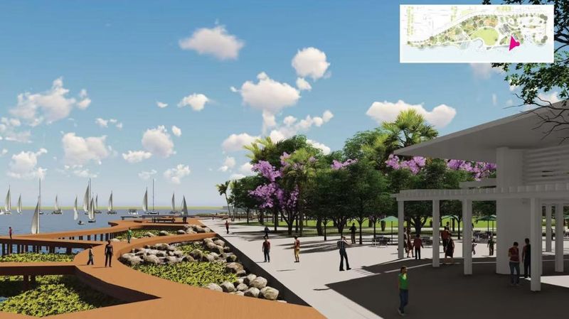 Renderings show the planned $35 million renovation of Currie Park, a waterfront park in West Palm Beach. City leaders say the park is on schedule to reopen in March 2027.