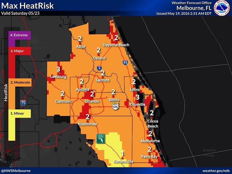HeatRisk across Central Florida is mostly moderate, with some pockets showing high HeatRisk and a few areas with minor risk.