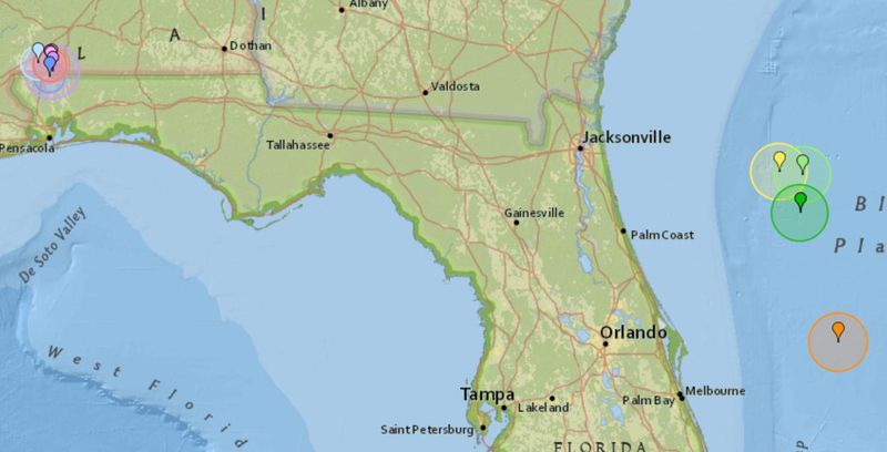 A map of recent earthquakes near Florida.