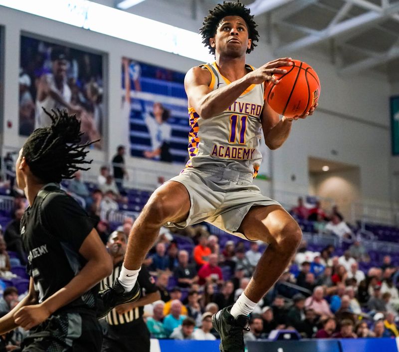Montverde Academy Eagles guard Oneal Delancy (11) goes for a lay up during the first quarter of a City of Palms Classic Signature Series game against the Gillion Academy Lions at Suncoast Credit Union Arena in Fort Myers, Fla., on Friday, Dec. 19, 2025.