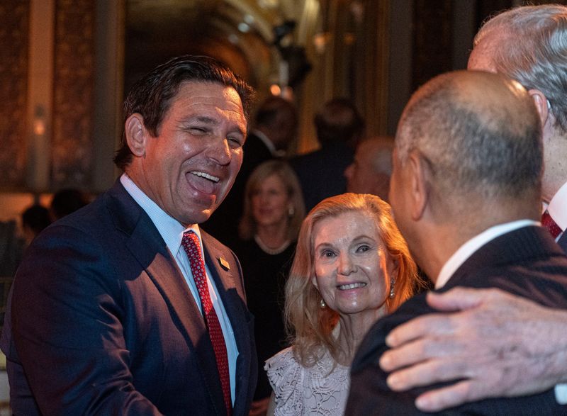 Florida Governor Ron DeSantis speaks with attendees at the New York Republican State Committee Annual Gala at the Plaza Hotel in Manhattan May 19, 2026. Next to DeSantis was Patricia Nixon Cox, daughter of President Richard Nixon, and wife of Edward Cox, Chairman of the New York State Republican Committee.