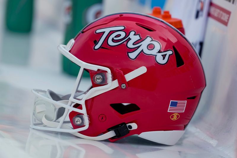 Sep 20, 2025; Madison, Wisconsin, USA; General view of a Maryland Terrapins helmet during warmups prior to the game against the Wisconsin Badgers at Camp Randall Stadium. Mandatory Credit: Jeff Hanisch-Imagn Images