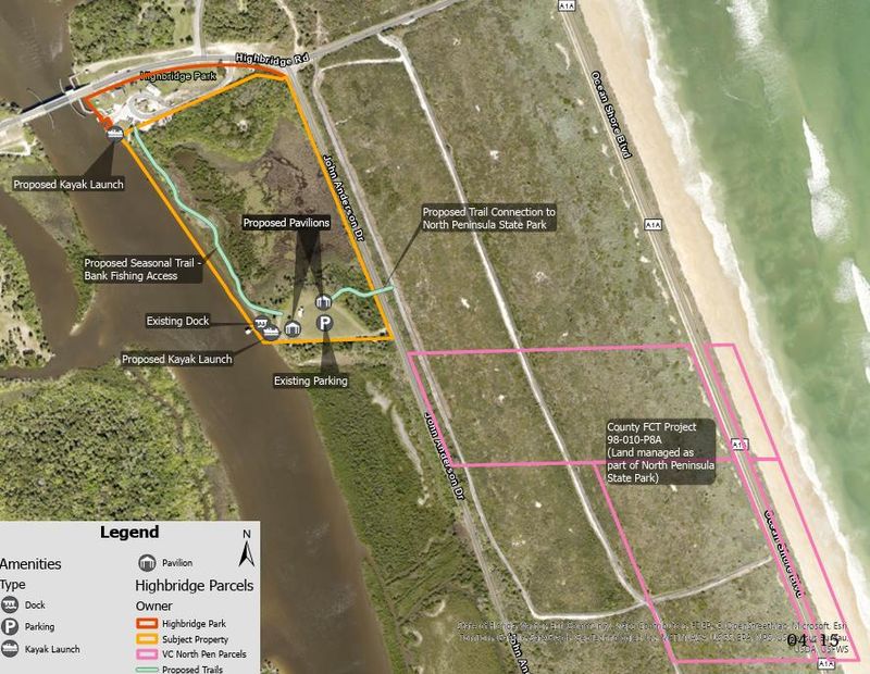 A map shows plans for an expanded Highbridge Park north of the city limits of Ormond Beach in Volusia County.
