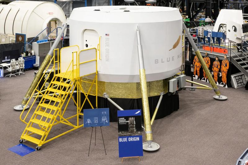 Located in Space Vehicle Mockup Facility at NASA’s Johnson Space Center, the full-scale prototype of the crew cabin of Blue Origin’s Blue Moon Mark 2 crew lander is over 15 feet tall.