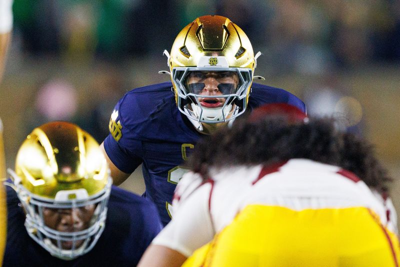 Notre Dame linebacker Drayk Bowen lines up for a play in the first half of a NCAA football game against Southern California at Notre Dame Stadium on Saturday, Oct. 18, 2025, in South Bend.