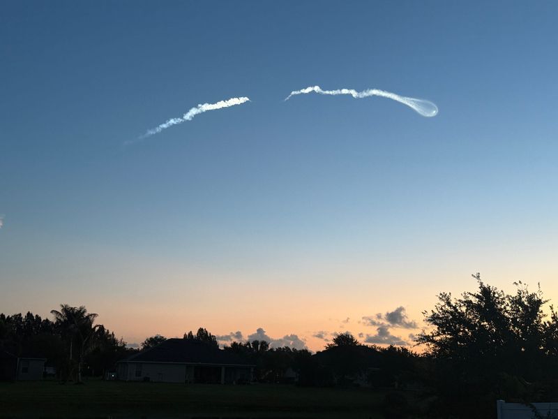 Shown is the view of a SpaceX Falcon 9 rocket carrying 29 Starlink broadband satellites into low-Earth orbit from South Vero Beach, Florida. The rocket launched at 6:04 a.m. Thursday, May 21, 2026, from Cape Canaveral Space Force Station.