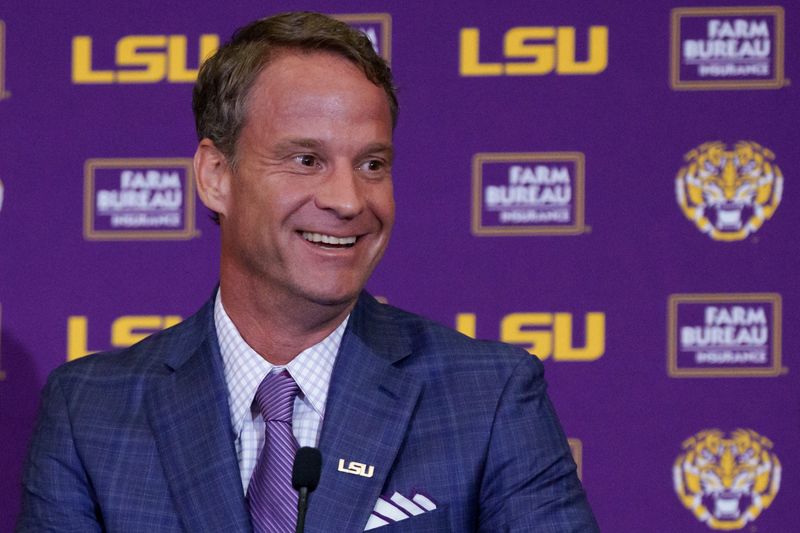 LSU head coach Lane Kiffin speaks at South Stadium Club at Tiger Stadium on Dec. 1, 2025.