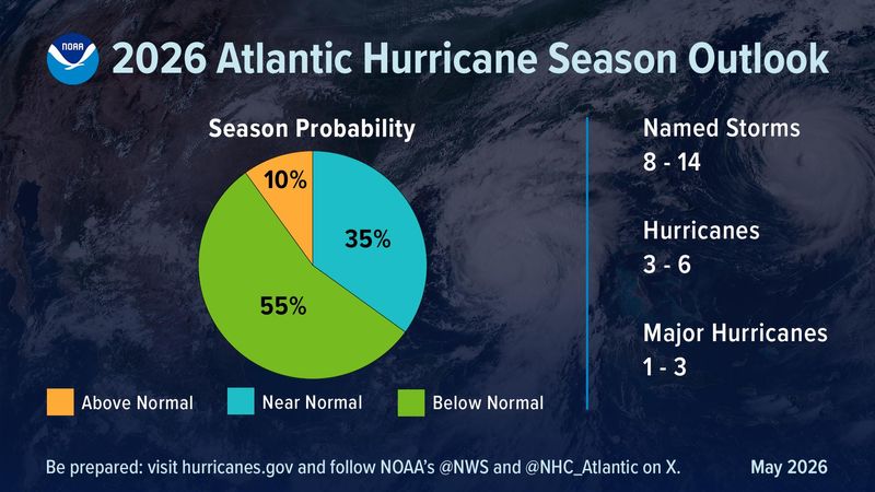 A National Oceanic and Atmospheric Administration chart shows a 55% chance of a below normal 2026 Atlantic Hurricane Season.