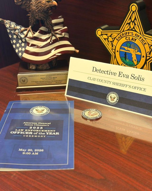 Detective Eva Solis of the Clay County Sheriff’s Office was awarded with the 2025 Law Enforcement Officer of the Year by Florida Attorney General James Uthmeier.