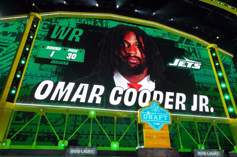 Apr 23, 2026; Pittsburgh, PA, USA; Indiana Hoosiers wide receiver Omar Cooper Jr. is selected by the New York Jets as the number 30 pick during the 2026 NFL Draft at Acrisure Stadium. Mandatory Credit: Kirby Lee-Imagn Images