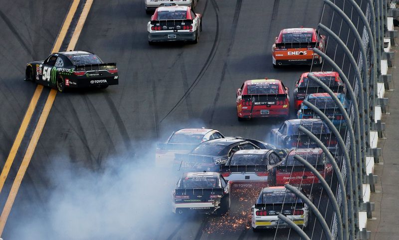 Kyle Busch's No. 54 Toyota begins its high-speed dash toward the inside wall as the 2015 crash continued to unfold.